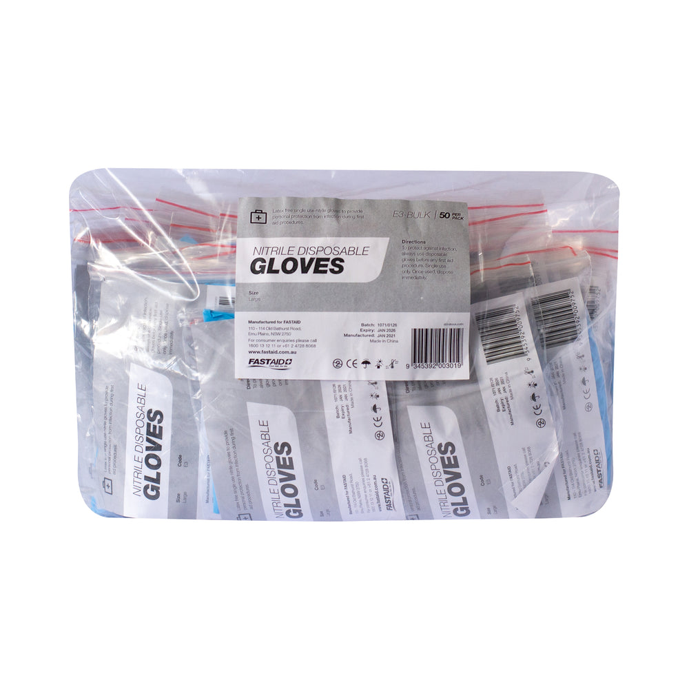 FastAid E3-BULK Nitrile Disposable Gloves Large Pairs 50pk