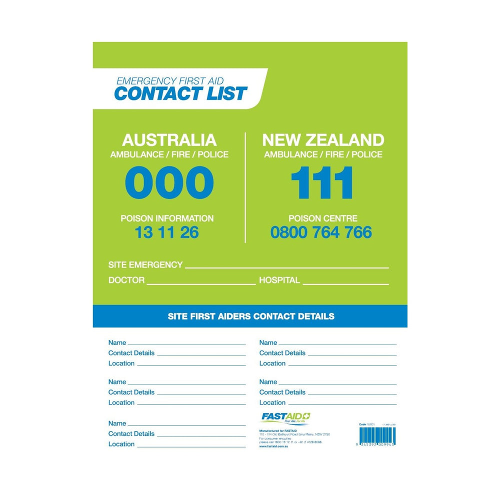 FastAid FLI001 Emergency First Aid Contact List 600 x 400mm