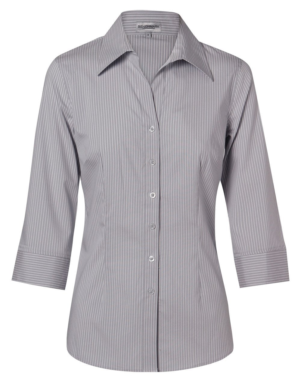 Benchmark M8200q Ladies Ticking Stripe 3/4 Sleeve Shirt