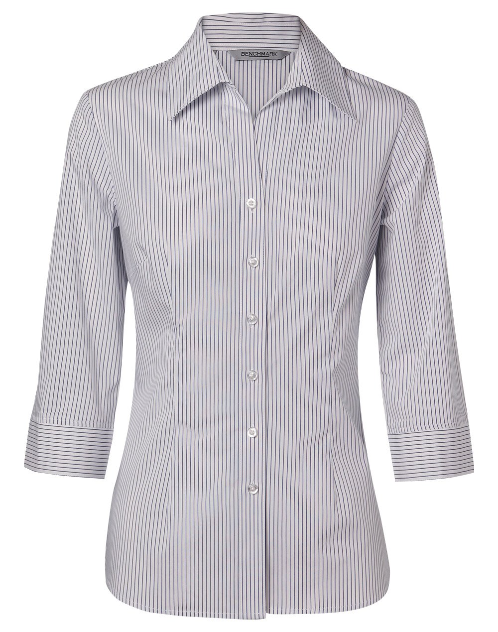 Benchmark M8200q Ladies Ticking Stripe 3/4 Sleeve Shirt