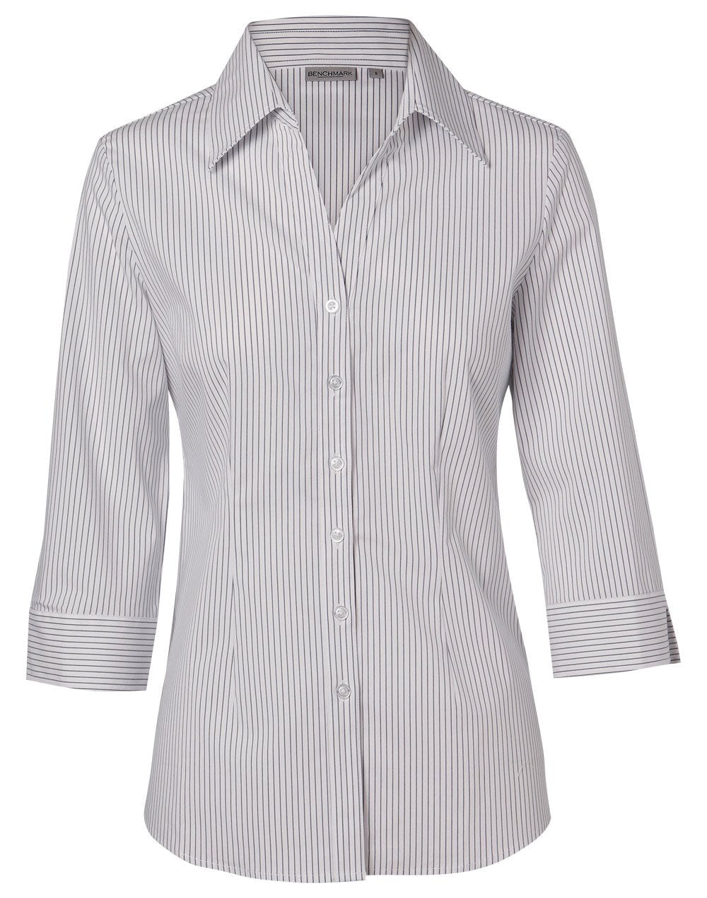 Benchmark M8200q Ladies Ticking Stripe 3/4 Sleeve Shirt